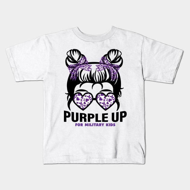 Purple up for military kids Messy bun Military child Month Kids T-Shirt by DesignergiftsCie